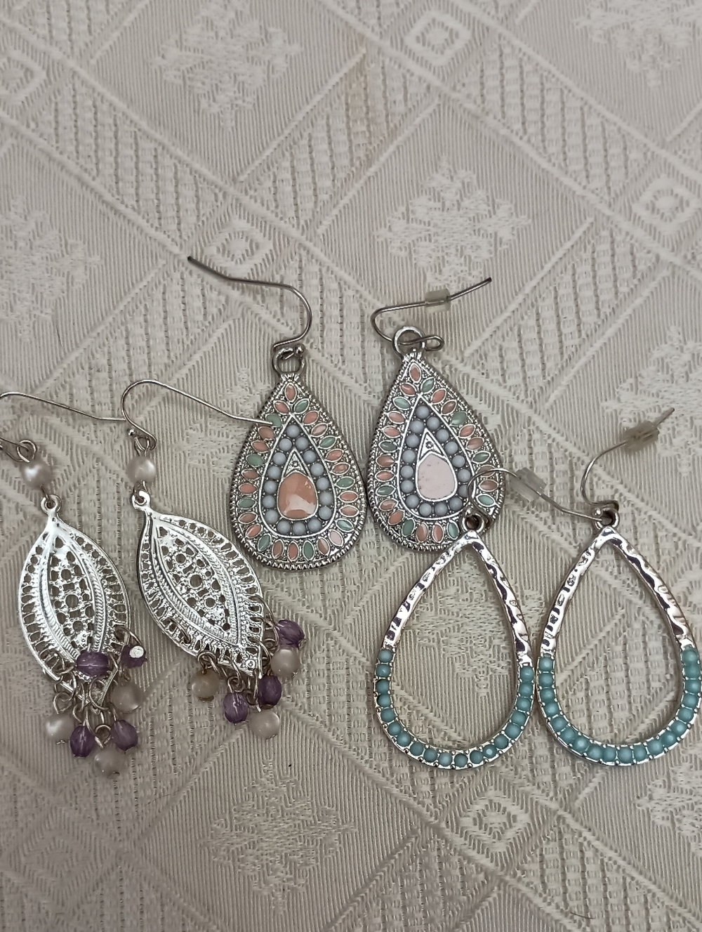Silver Teardrop Dangle Earrings Set with Pastel Accents